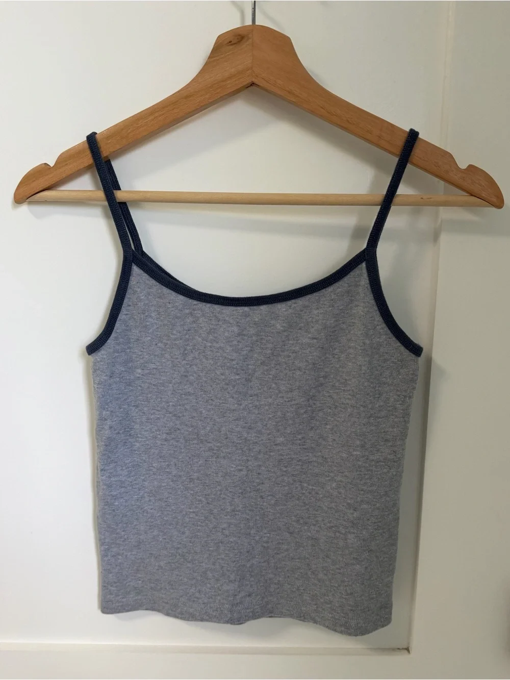 Brandy Melville Grey Ribbed Tank Top with Navy Trim and Teddy Embroidery - Picture 2 of 4